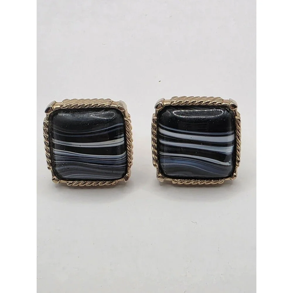 VTG Agate Cufflinks w\ Rope Edge Striped Goldtone Textured Back 1